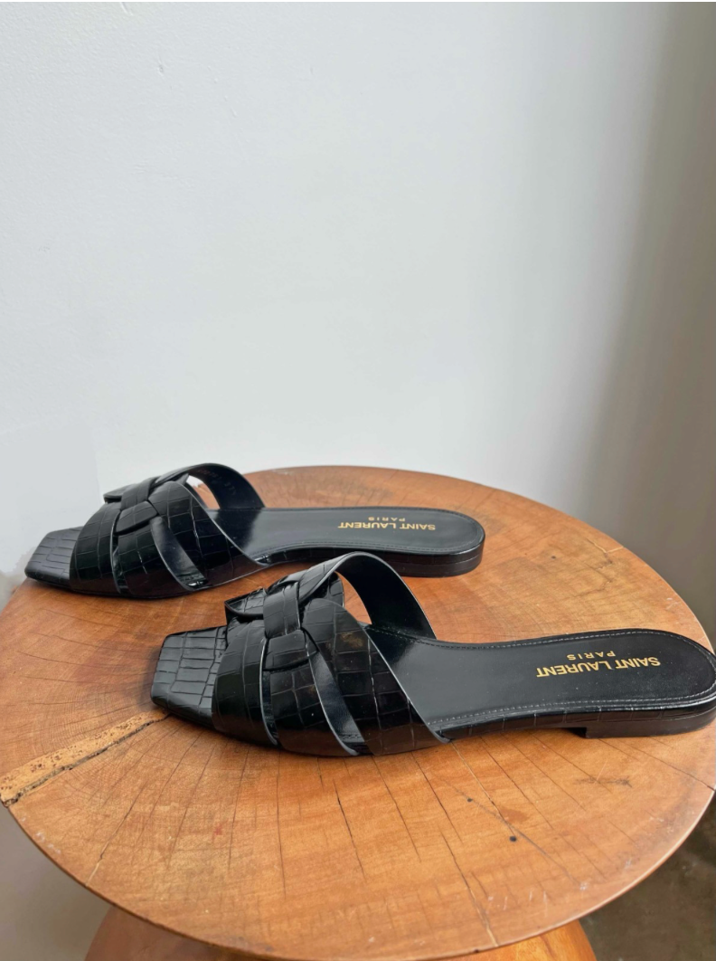 SAINT LAURENT Tribute Black Croc-Embossed Leather Slide Sandals | Size 37.5 (US 7.5)